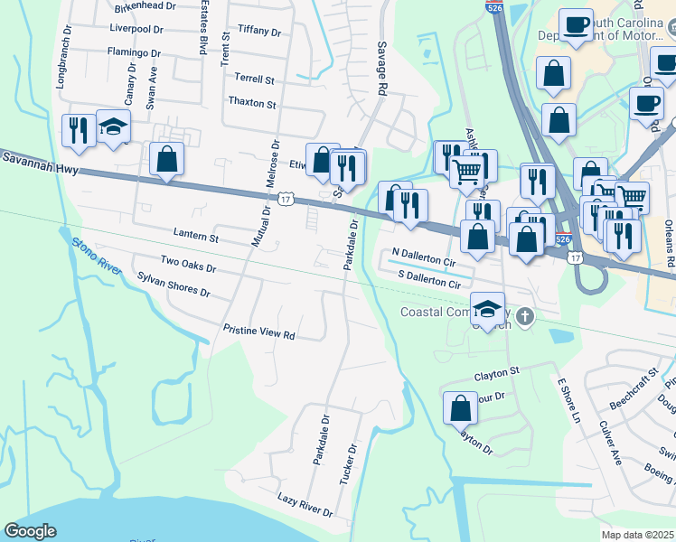 map of restaurants, bars, coffee shops, grocery stores, and more near 519 Applebee Way in Charleston