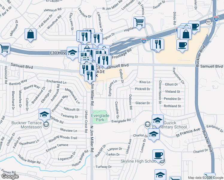 map of restaurants, bars, coffee shops, grocery stores, and more near 6315 Symphony Lane in Dallas