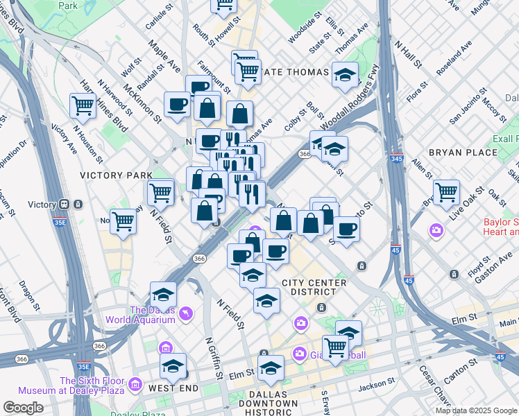 map of restaurants, bars, coffee shops, grocery stores, and more near 2121 North Pearl Street in Dallas