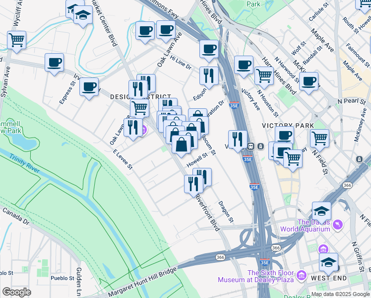 map of restaurants, bars, coffee shops, grocery stores, and more near 1319 Dragon Street in Dallas