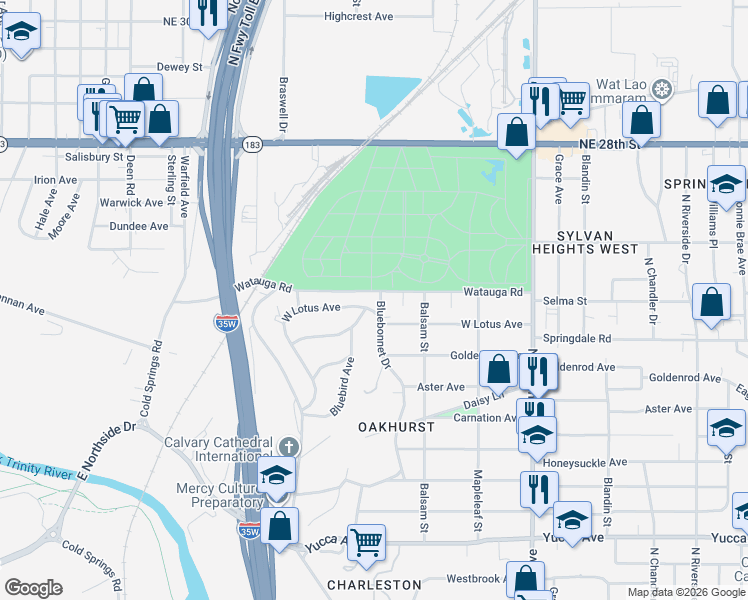 map of restaurants, bars, coffee shops, grocery stores, and more near 2021 Bluebonnet Drive in Fort Worth