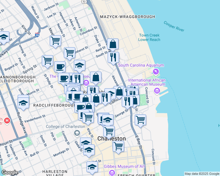 map of restaurants, bars, coffee shops, grocery stores, and more near 30 Charlotte Street in Charleston