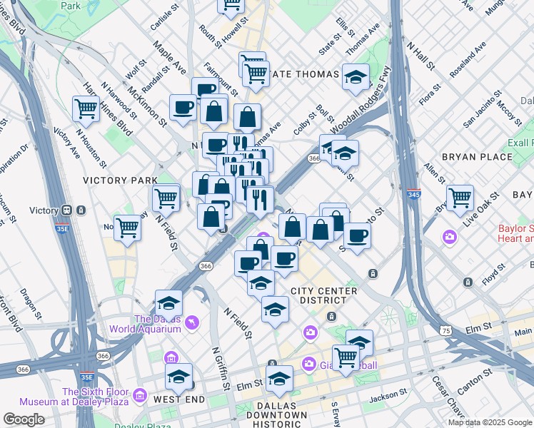 map of restaurants, bars, coffee shops, grocery stores, and more near 2120 Woodall Rodgers Freeway in Dallas