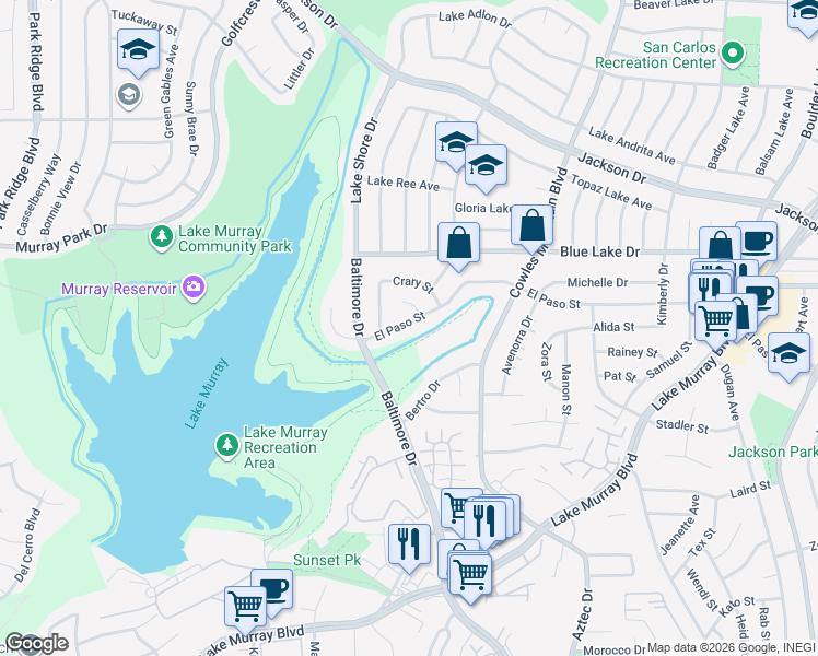 map of restaurants, bars, coffee shops, grocery stores, and more near 7569 El Paso Street in La Mesa