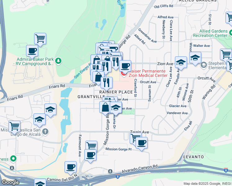 map of restaurants, bars, coffee shops, grocery stores, and more near 4511 Orcutt Avenue in San Diego