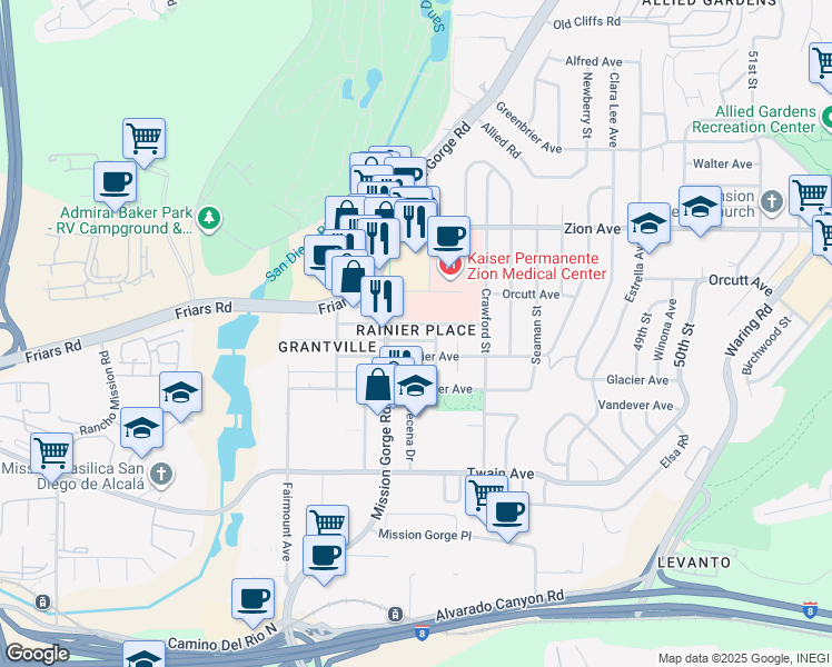 map of restaurants, bars, coffee shops, grocery stores, and more near 4543 Rainier Avenue in San Diego