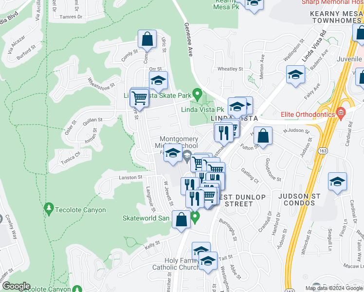 map of restaurants, bars, coffee shops, grocery stores, and more near Ulric Street in San Diego