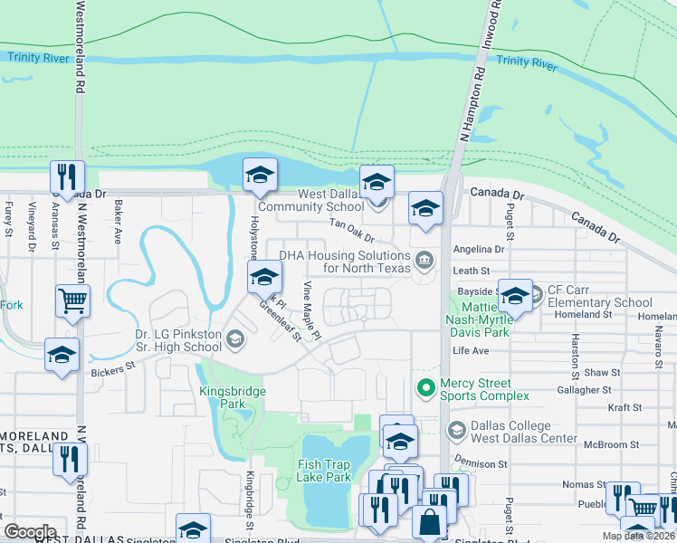 map of restaurants, bars, coffee shops, grocery stores, and more near 4008 Willow Leaf Court in Dallas