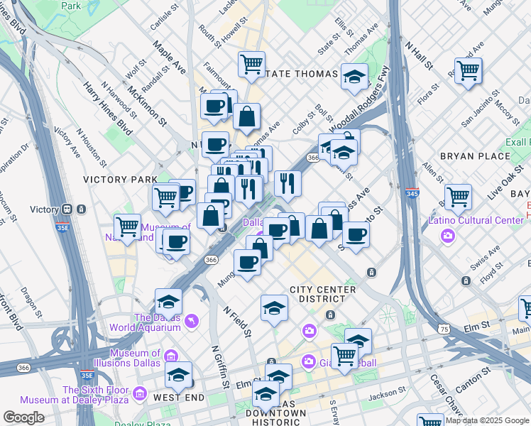 map of restaurants, bars, coffee shops, grocery stores, and more near 2120 Woodall Rodgers Freeway in Dallas