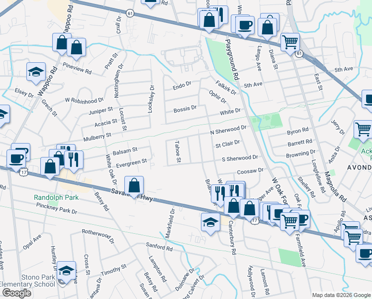 map of restaurants, bars, coffee shops, grocery stores, and more near 13 Argonne Street in Charleston