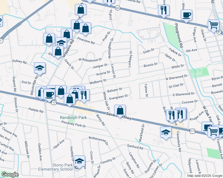 map of restaurants, bars, coffee shops, grocery stores, and more near 1540 Balsam Street in Charleston