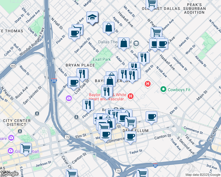 map of restaurants, bars, coffee shops, grocery stores, and more near 3109 Swiss Avenue in Dallas