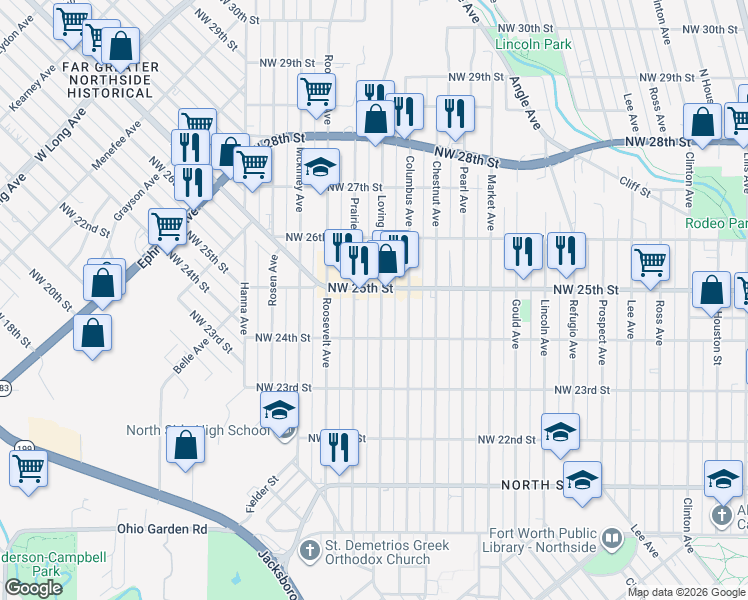 map of restaurants, bars, coffee shops, grocery stores, and more near 1507 Northwest 25th Street in Fort Worth