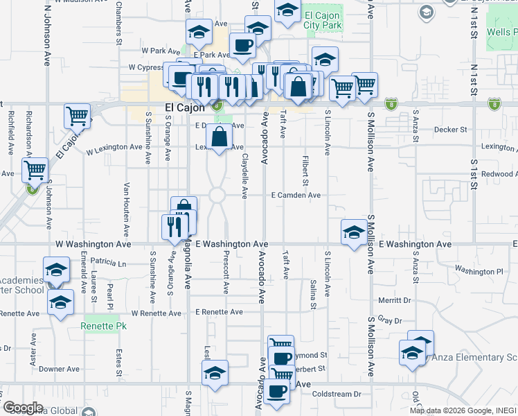 map of restaurants, bars, coffee shops, grocery stores, and more near 333 East Camden Avenue in El Cajon