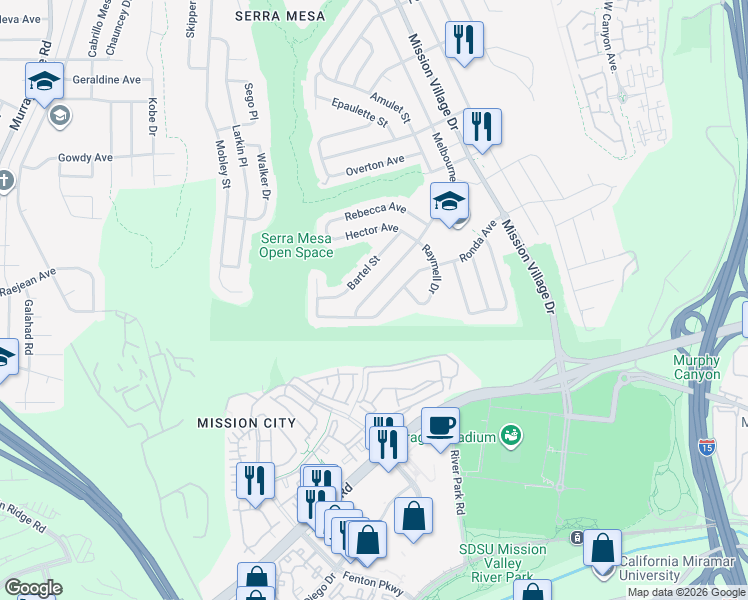 map of restaurants, bars, coffee shops, grocery stores, and more near 2473 Bartel Street in San Diego