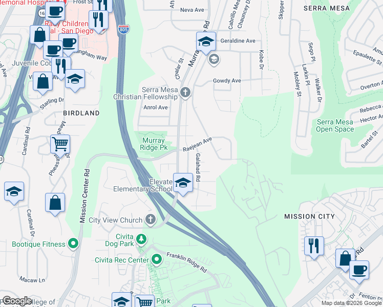 map of restaurants, bars, coffee shops, grocery stores, and more near 8734 Raejean Avenue in San Diego