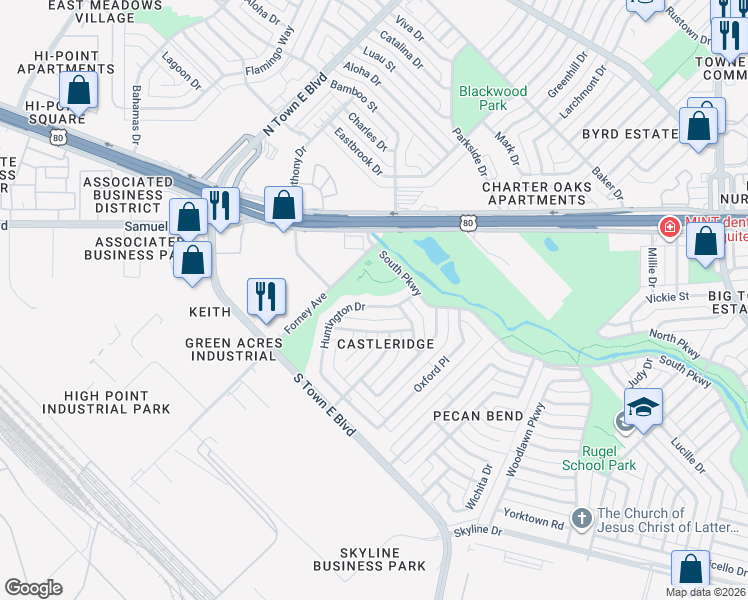 map of restaurants, bars, coffee shops, grocery stores, and more near 3700 Forney Road in Mesquite
