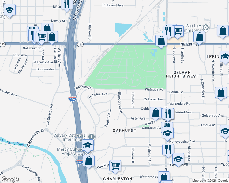 map of restaurants, bars, coffee shops, grocery stores, and more near 2021 Bluebonnet Drive in Fort Worth