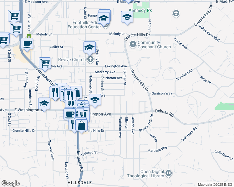 map of restaurants, bars, coffee shops, grocery stores, and more near 1610 Dumar Avenue in El Cajon