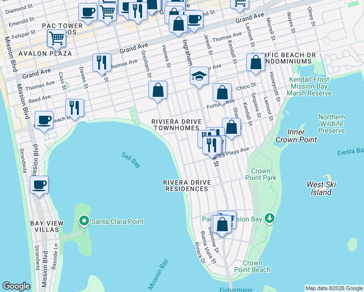 map of restaurants, bars, coffee shops, grocery stores, and more near 3877 Riviera Drive in San Diego