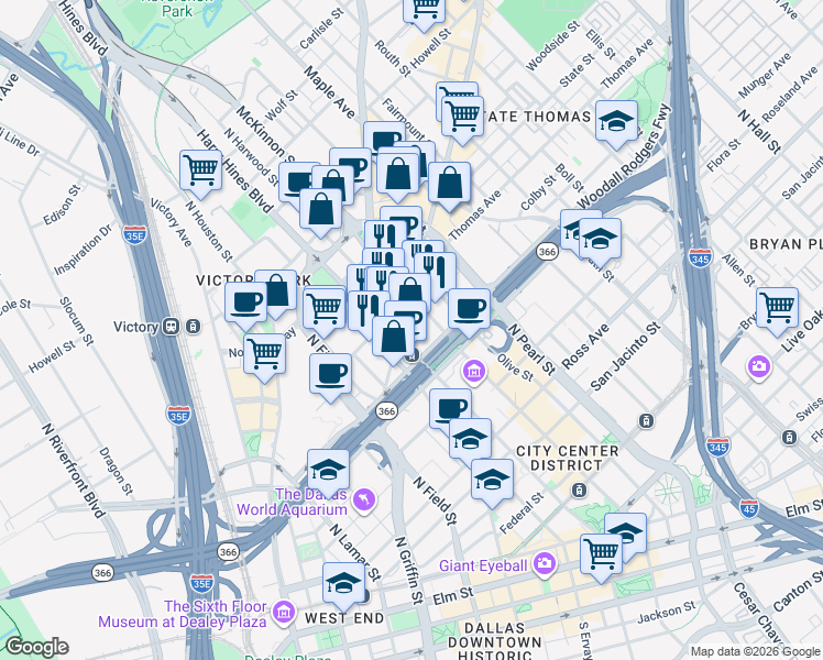 map of restaurants, bars, coffee shops, grocery stores, and more near 1900 McKinney Avenue in Dallas