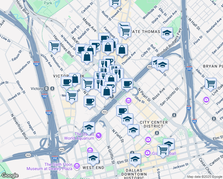map of restaurants, bars, coffee shops, grocery stores, and more near 1900 McKinney Avenue in Dallas