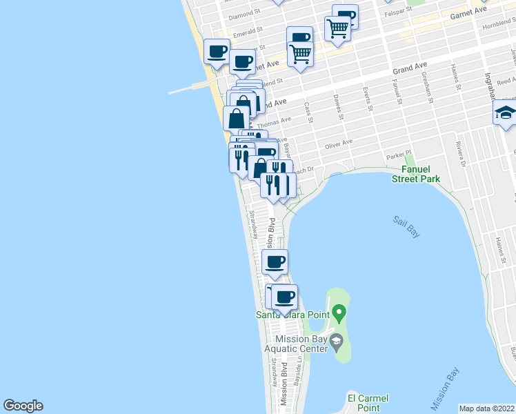 map of restaurants, bars, coffee shops, grocery stores, and more near 732 Zanzibar Court in San Diego