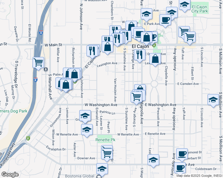 map of restaurants, bars, coffee shops, grocery stores, and more near 478 Van Houten Avenue in El Cajon