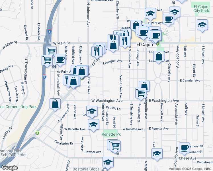 map of restaurants, bars, coffee shops, grocery stores, and more near 535 Emerald Avenue in El Cajon