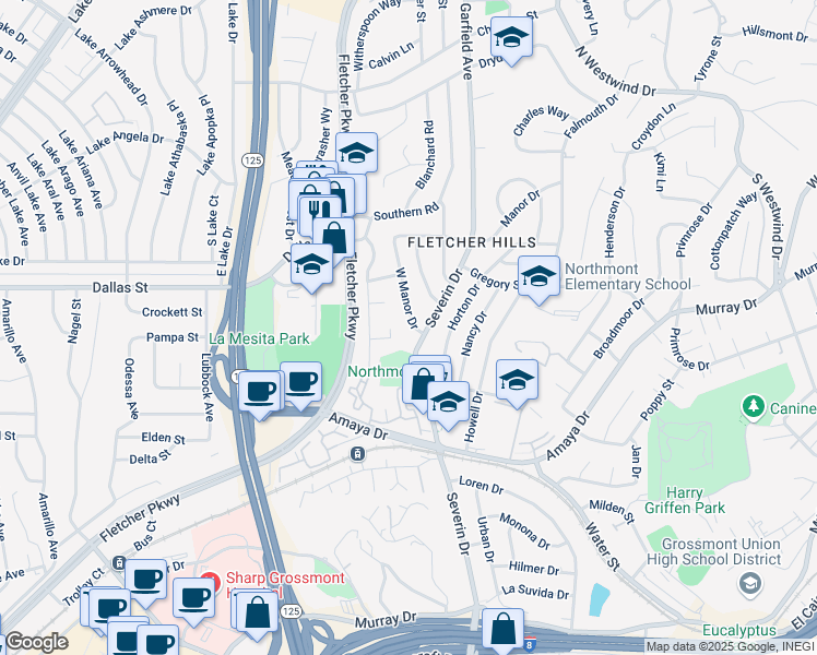 map of restaurants, bars, coffee shops, grocery stores, and more near 6116 West Manor Drive in La Mesa