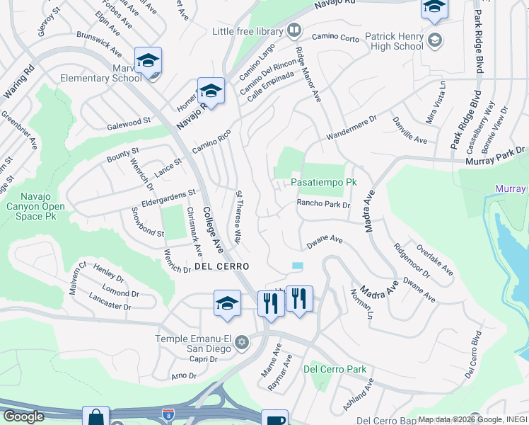 map of restaurants, bars, coffee shops, grocery stores, and more near 6150 Caminito Plata in San Diego