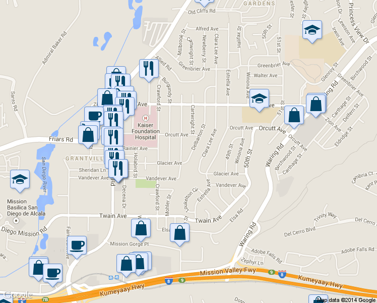 map of restaurants, bars, coffee shops, grocery stores, and more near 6429 Seaman Street in San Diego