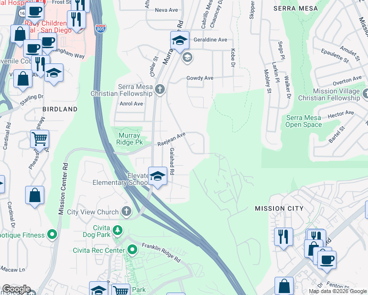 map of restaurants, bars, coffee shops, grocery stores, and more near 2472 Greyling Drive in San Diego