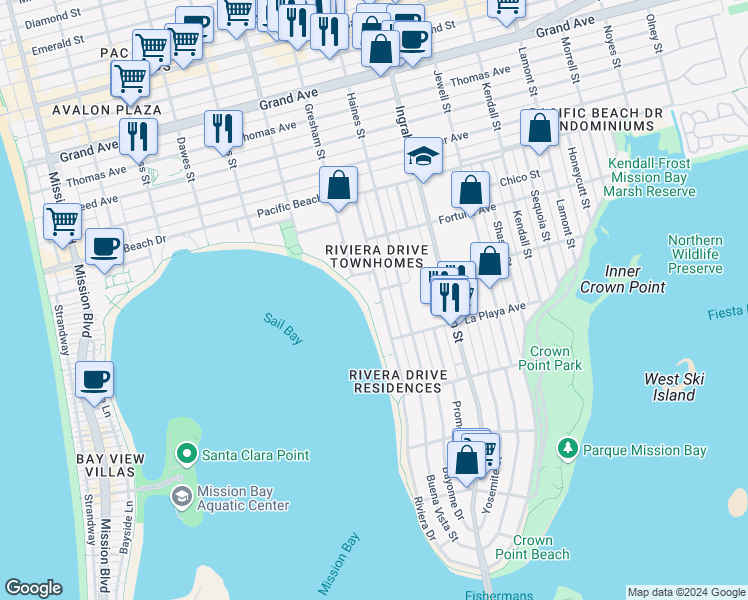 map of restaurants, bars, coffee shops, grocery stores, and more near in San Diego