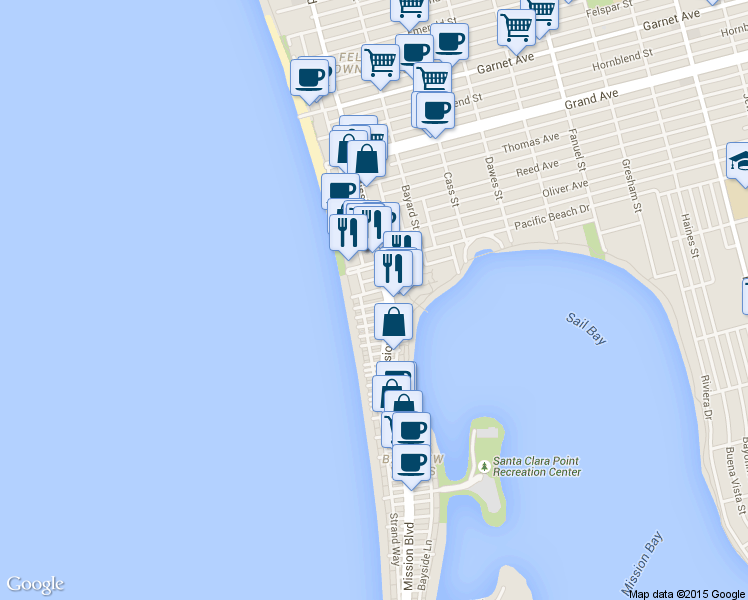 map of restaurants, bars, coffee shops, grocery stores, and more near 3996 Mission Boulevard in San Diego