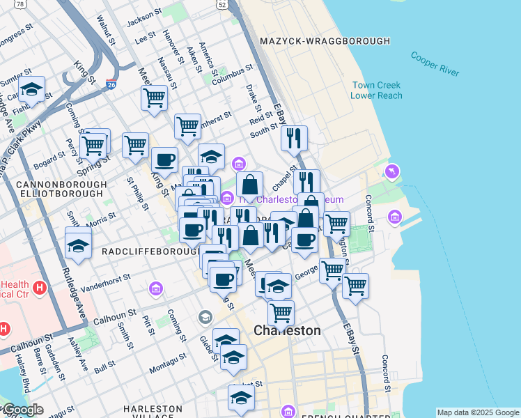 map of restaurants, bars, coffee shops, grocery stores, and more near in Charleston