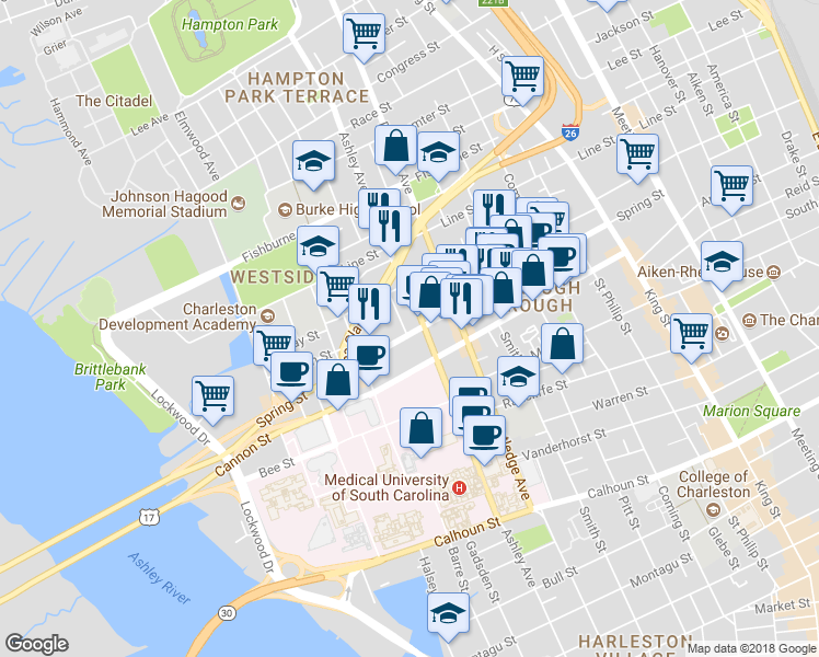 map of restaurants, bars, coffee shops, grocery stores, and more near in Charleston