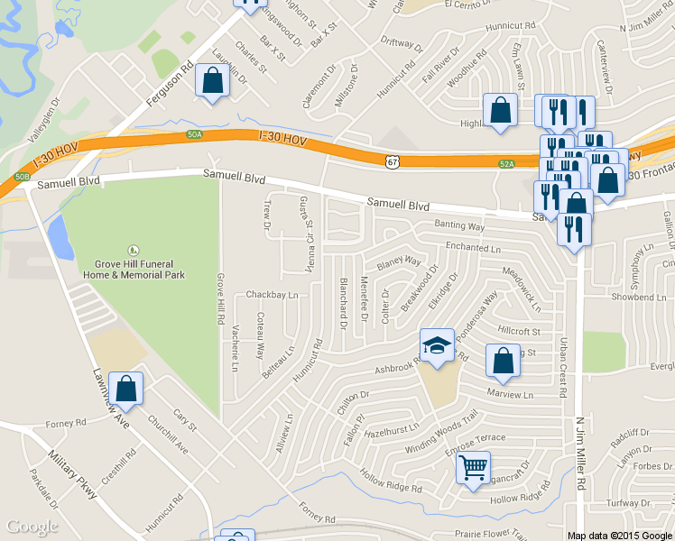 map of restaurants, bars, coffee shops, grocery stores, and more near 5134 Blanchard Drive in Dallas