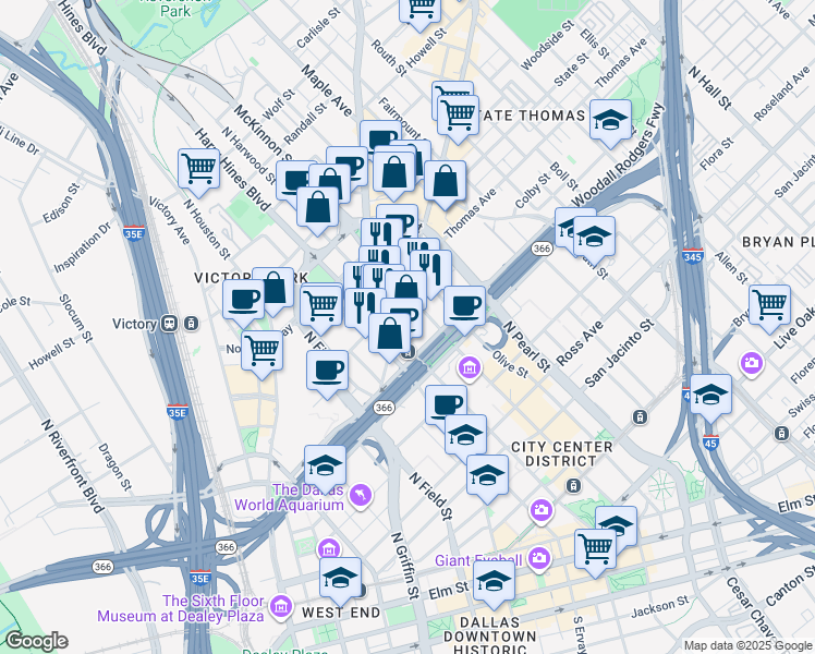 map of restaurants, bars, coffee shops, grocery stores, and more near 1919 McKinney Avenue in Dallas