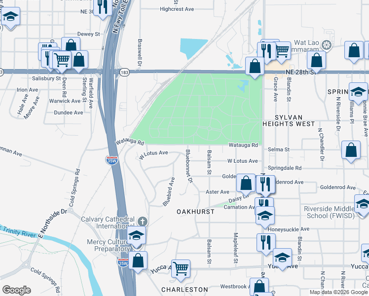 map of restaurants, bars, coffee shops, grocery stores, and more near 2021 Bluebonnet Drive in Fort Worth