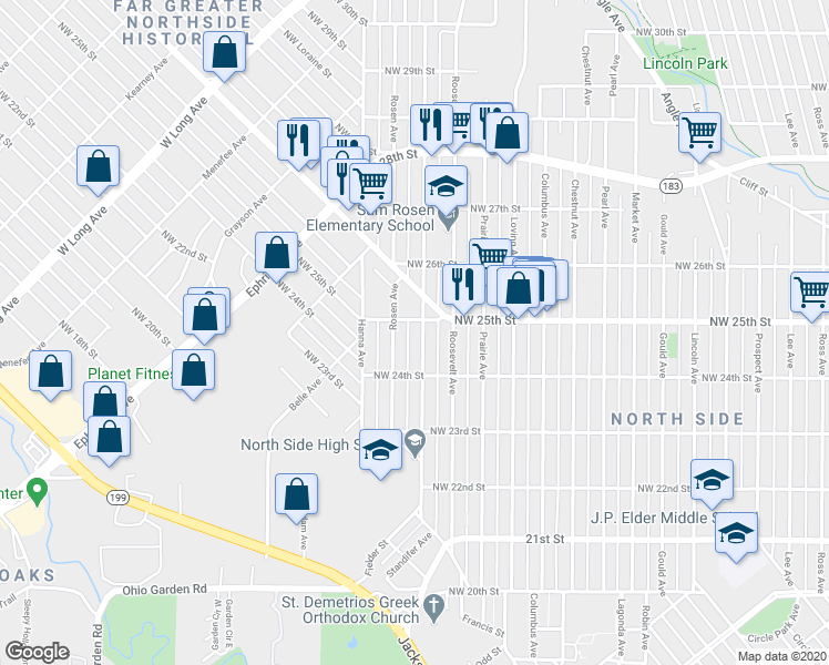 map of restaurants, bars, coffee shops, grocery stores, and more near 2424 Mckinley Avenue in Fort Worth