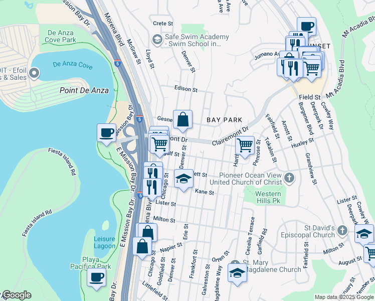 map of restaurants, bars, coffee shops, grocery stores, and more near 2630 Erie Street in San Diego
