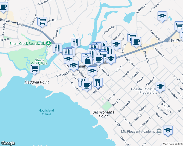 map of restaurants, bars, coffee shops, grocery stores, and more near 115 Elizabeth Street in Mount Pleasant