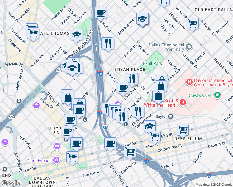 map of restaurants, bars, coffee shops, grocery stores, and more near 2727 Bryan Street in Dallas