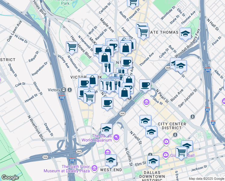 map of restaurants, bars, coffee shops, grocery stores, and more near 2323 North Akard Street in Dallas