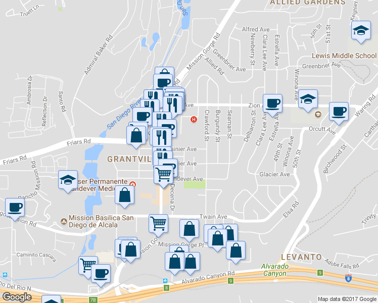 map of restaurants, bars, coffee shops, grocery stores, and more near 4613 Rainier Avenue in San Diego