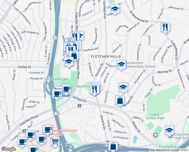 map of restaurants, bars, coffee shops, grocery stores, and more near 6106-8 Severin Drive in La Mesa