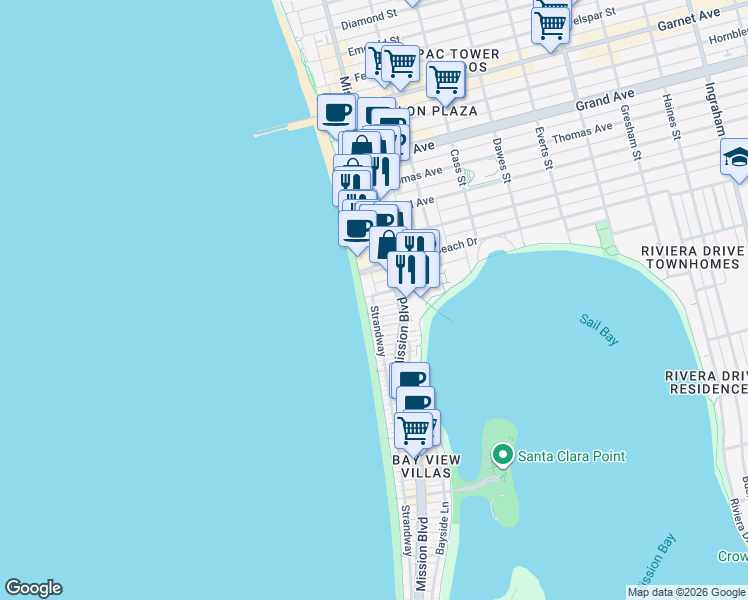 map of restaurants, bars, coffee shops, grocery stores, and more near 3989 Strand Way in San Diego
