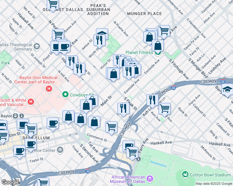 map of restaurants, bars, coffee shops, grocery stores, and more near 130 North Peak Street in Dallas