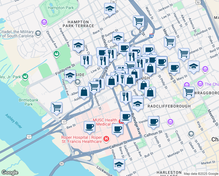 map of restaurants, bars, coffee shops, grocery stores, and more near 138 Spring Street in Charleston